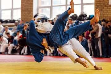 judoka in white kimono landing back his opponent in blue kimono, judo fight competition