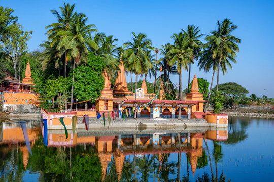 Scenic ancient Hindu Temple at Ramdara near Pune India. The Temple was rebuilt in 1970 and is devoted to Lord Shiva and Goddess Parvaty.