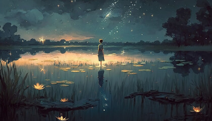 an anime illustratio of a lonely person standing in a lake watching the sky, generative ai technology