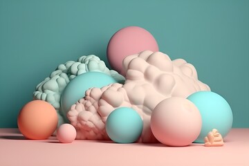 Fototapeta premium Conceptual Minimalism 3D Art Set: Pink and Beige Clouds with Emerald and Orange Accents - Generative AI