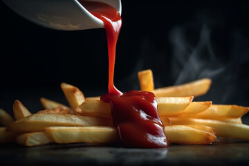 hot and tasty french fries with tomato ketchup isolated on black background. Generative Ai