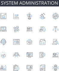 System administration line icons collection. Nerk management, Cybersecurity, IT support, User management, Data analysis, Cloud computing, Project management vector and linear illustration. Database