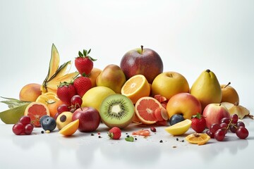 Obraz na płótnie Canvas Various fruits on white background in 3D. Generative AI