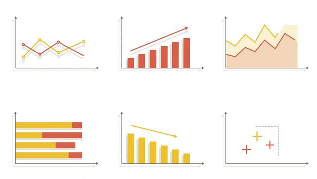 Set of animated financial diagrams, graphs and charts on white background. 4K resolution, flat design.