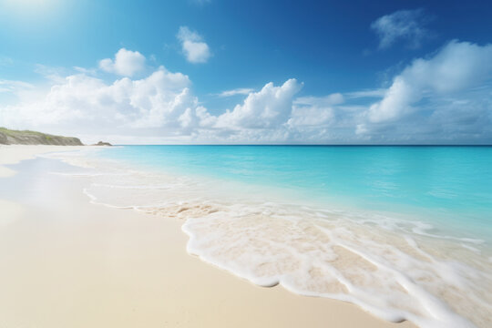 Tropical beach with blue sky and white clouds background. Summer vacation and travel concept. Generative ai.