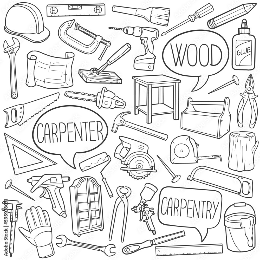 Wall mural carpenter doodle icons. hand made line art. wood carpentry clipart logotype symbol design.