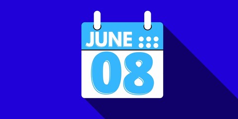 08 june. calendar with the day eight of the month of june in blue color and background blue