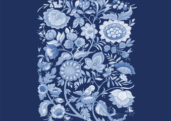 Fantasy flowers in retro, vintage, jacobean embroidery style. Seamless pattern, background. Vector illustration. In blue colors,