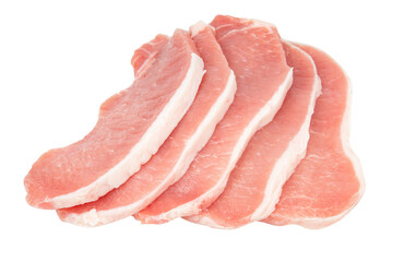 Fresh sliced raw pork meat isolated on white background. Top view. Flat lay