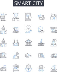 Smart city line icons collection. Intelligent home, Efficient workforce, Sustainable future, Connected cars, Eco-friendly living, Innovative technology, Collaborative teamwork vector and linear