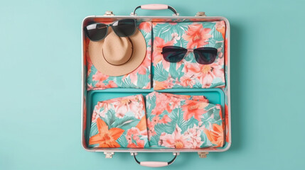 generative ai, top view of a suitcase with vacation clothes, travel, hawaiian shirt, illustration, baggage to the plane, seaside resort tour, sunglasses