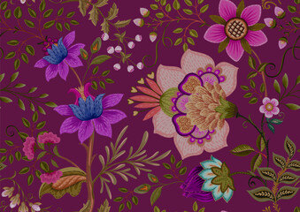 Fantasy flowers in retro, vintage, jacobean embroidery style. Seamless pattern, background. Vector illustration.