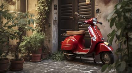red vespa 50 special parked in an alley in front of a period door and pots with plants. Generative AI, - obrazy, fototapety, plakaty