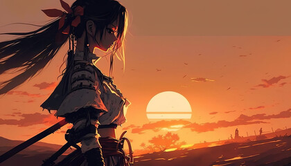 a beautiful anime samurai girl thinking about life at sunset, standing in a big field, generative ai technology