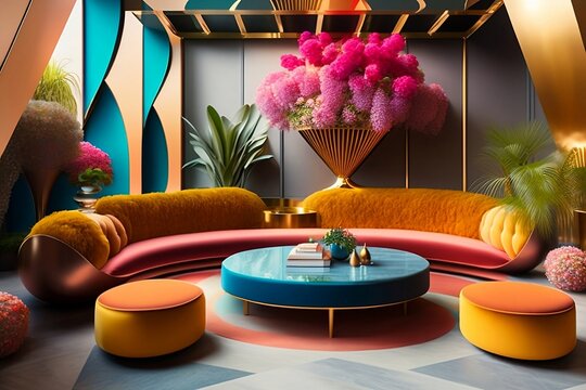 colorful depiction of a palacial interior with green plants, flowers, glass vases and sitting room setting