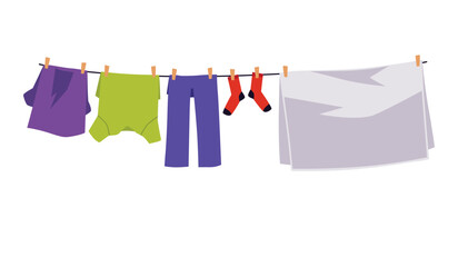 Clean clothes hanging out on washing line, flat vector illustration isolated.