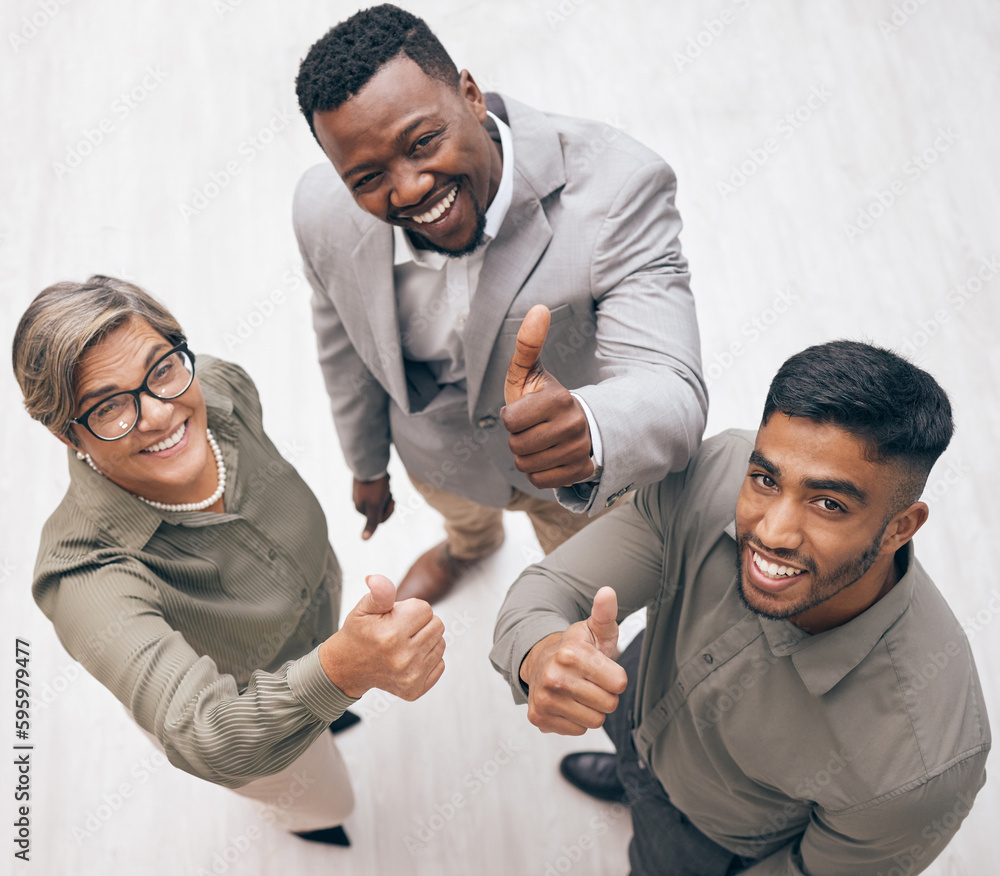 Poster we support that. a group of businesspeople showing a thumbs up in an office at work.