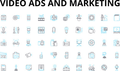 Fototapeta na wymiar Video ads and marketing linear icons set. Engagement, Conversion, Creativity, Branding, Analytics, Optimization, Reach vector symbols and line concept signs. Attention,Storytelling,Targeting