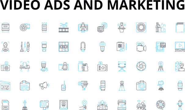 Video ads and marketing linear icons set. Engagement, Conversion, Creativity, Branding, Analytics, Optimization, Reach vector symbols and line concept signs. Attention,Storytelling,Targeting