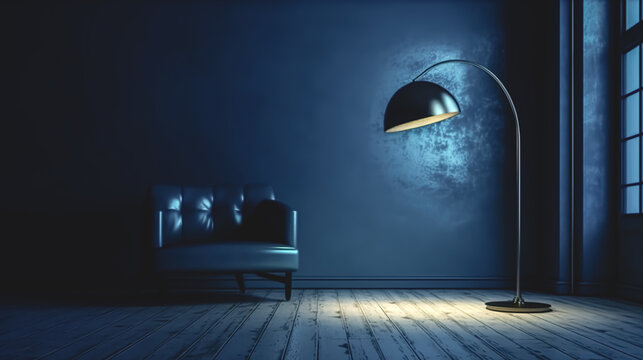 Floor lamp shines in a minimalist stylish dark blue interior, generative AI.