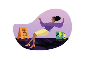 Fototapeta premium Woman slipping and falling on wet floor flat vector illustration isolated.