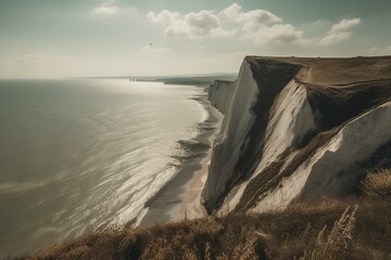 White chalk cliffs in Dover, England. Generative AI