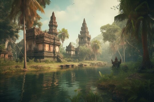 Vintage Indian landscape wallpaper with palm trees, river banks, and ancient temples. Generative AI