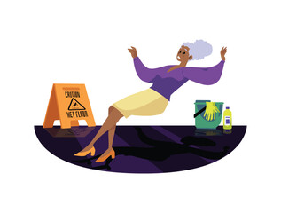 Old woman slips on wet floor and falls, flat vector illustration isolated on white background.