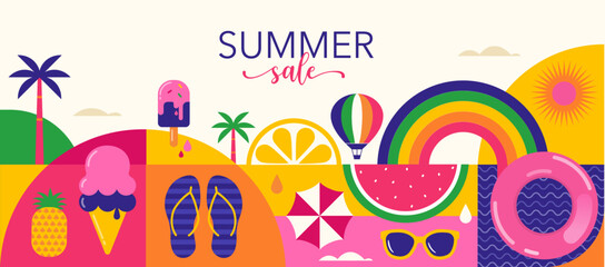 Colorful Geometric Summer Background, poster, banner. Summer time fun concept design promotion design