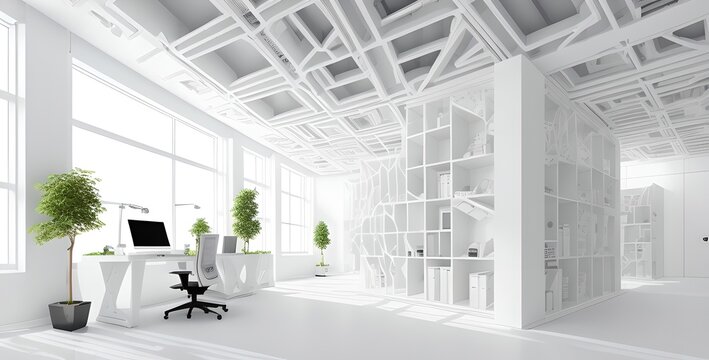 Modern Empty Office With Blank White Wall Mockup, Copy Space, Generative Ai Illustration