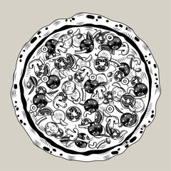 Big round tasty pizza. Vintage engraving stylized line drawing. Vector illustration