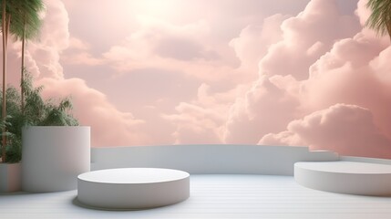 Natural Beauty Podium Backdrop: Dreamy Sky Background for Product Display - Generative AI