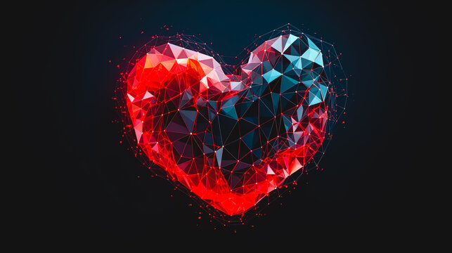Abstract geometric glowing heart on a dark background, generative AI.