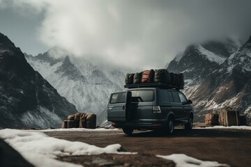 Family van stuffed with travel bags in front of snowy mountain. Generative AI