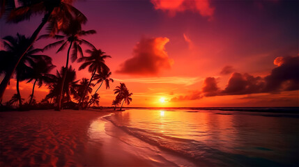 Fototapeta na wymiar a breathtaking orange sunset on the beach with palm trees, gerenative AI