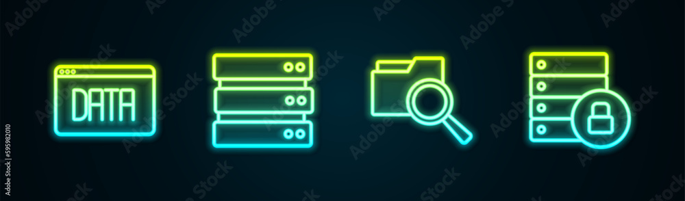 Poster set line data analysis, server, search with folder and security padlock. glowing neon icon. vector