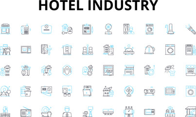 Hotel industry linear icons set. Accommodation, Hospitality, Luxury, Service, Travel, Lodging, Amenities vector symbols and line concept signs. Boutique,Comfort,Reservations illustration