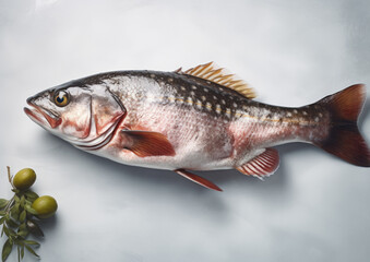 Fototapeta premium Commercial photography of a fresh payara fish with green olives on a white isolated background, generative ai