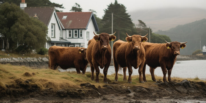 Cows in Plockton, Scotland, cloudy atmosphere with green glass and lake in the back. Generative AI