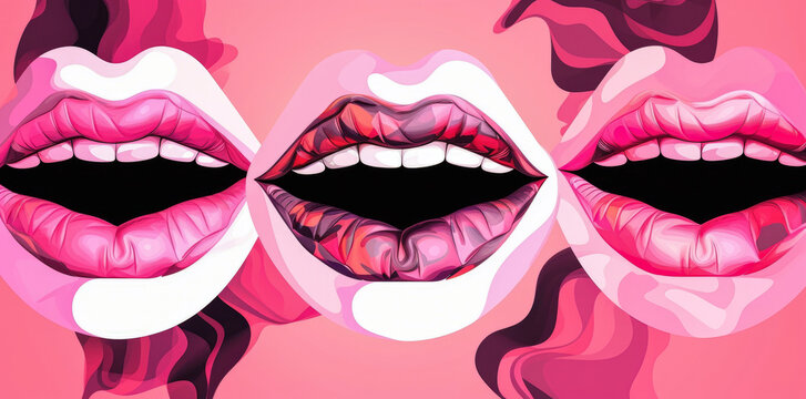 Vector style open mouth with pink lips, generative ai