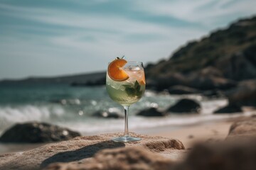 Fototapeta na wymiar Refreshing beach cocktail with blurred coastline in the background. Generative AI