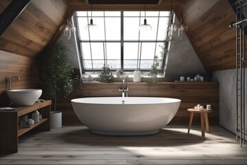 Naklejka na ściany i meble White bathtub in wooden bathroom with loft windows and wall poster mockup. Generative AI