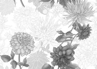 Dahlias flowers, outline and coloured style Seamless pattern, background. Vector illustration. In botanical style