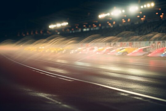 Motion-blurred spotlights at the finish line of a racetrack. Generative AI © Aisha