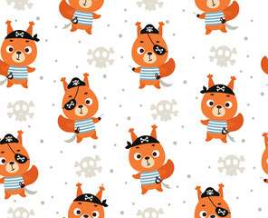 Cute little pirate squirrel seamless childish pattern. Funny cartoon animal character for fabric, wrapping, textile, wallpaper, apparel. Vector illustration