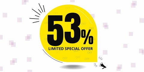 53% off limited special offer. Banner with fifty three percent discount on a yellow round tag
