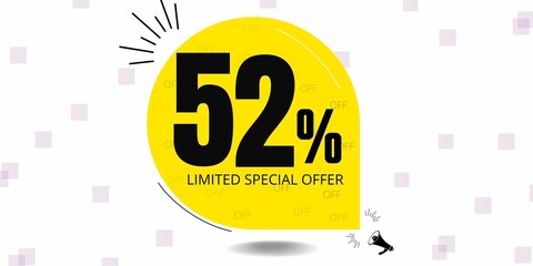 52% off limited special offer. Banner with fifty two percent discount on a yellow round tag