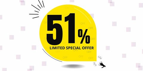51% off limited special offer. Banner with fifty one percent discount on a yellow round tag