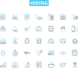 Hiking linear icons set. Trail, Summit, Scramble, Backpack, Trek, Waterfall, Breath-taking line vector and concept signs. Adventure,Explore,Wilderness outline illustrations