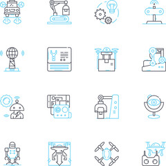 Flying robots linear icons set. Drs, Quadcopters, Hovercraft, Helicopters, Airborne, Unmanned, Aerial line vector and concept signs. Robotic,Autonomous,Surveillance outline illustrations